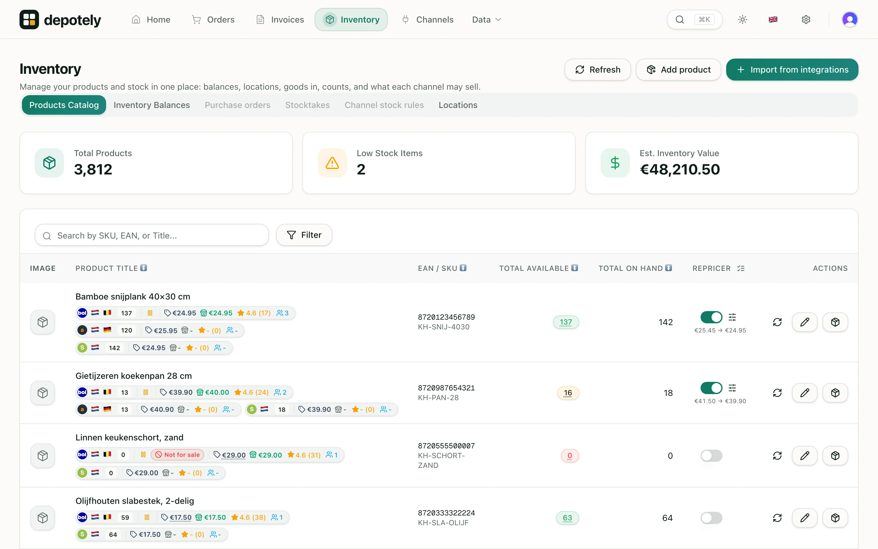 The inventory page of Depotely: products with their stock per channel, prices and the repricer column