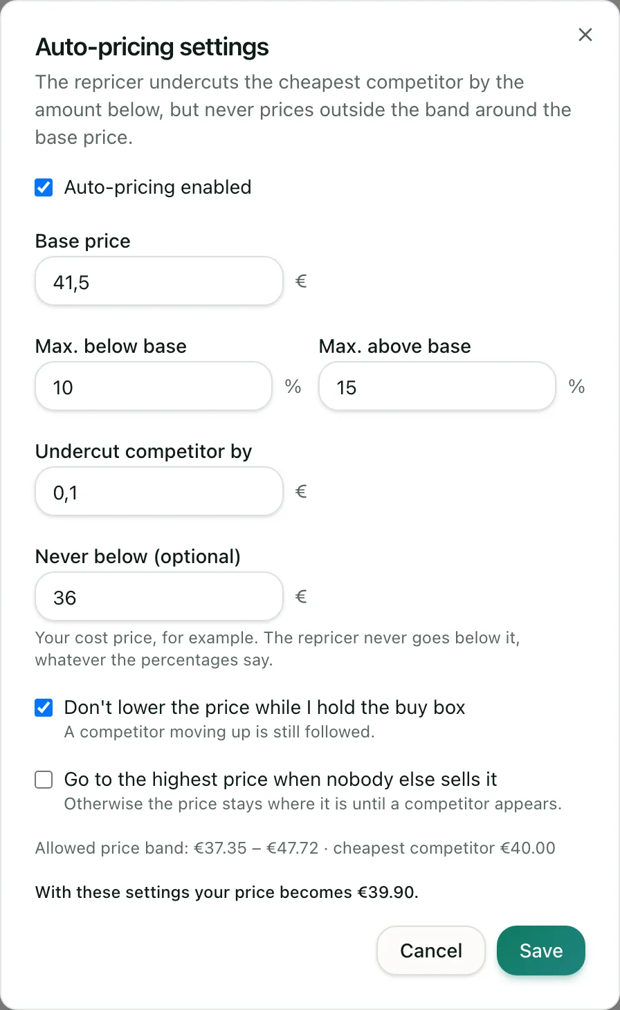 The auto-pricing settings of one offer: base price, band, floor and the resulting price